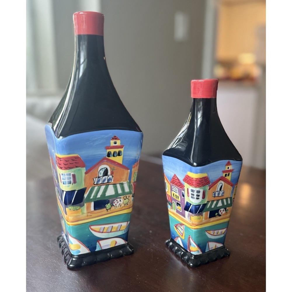 Set of 2 Oil Bottles 10 1/4" & 8" Tall Hand Painted, 2003 & 2004 Naylor Designs
